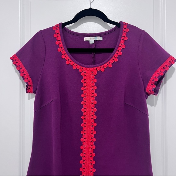 Vintage Boden Purple Ponte Knit Red Crochet-Trimmed Sheath Dress Size 10L - Picture 2 of 8